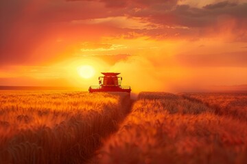 Combine harvester at work in wheat field during summer evening sunset agriculture farming