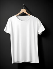 White t-shirt hanging on a wooden clothes hanger on a black background