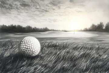 Beautiful golf ball drawing on grassy field at dawn for sports enthusiasts and nature lovers