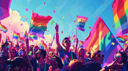 Vibrant and Joyful LGBTQ Pride Event with a Crowd of Participants Waving Colorful Bi Color Flags and Enjoying Festive to Promote Diversity and Visibility for the Community