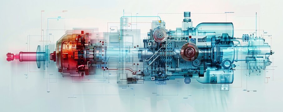 Craft an eye-catching graphic that visually dissects hydraulic systems from different machinery in a side view perspective Emphasize