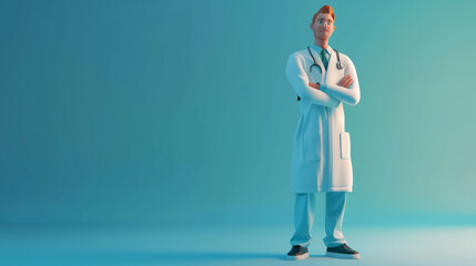 Confident doctor standing with arms crossed on blue background