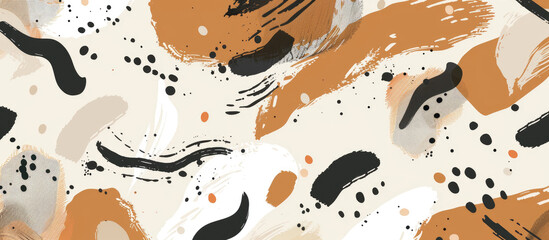 Abstract brush strokes background with scattered shapes and splashes in an orange, black and beige color palette