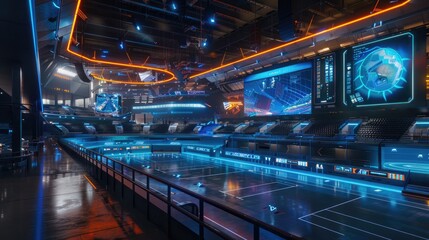 A futuristic sports arena with advanced technology, holographic displays, and automated systems