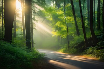 Obraz premium a tranquil forest scene with a curving road bathed in dappled sunlight filtering through dense green foliage.