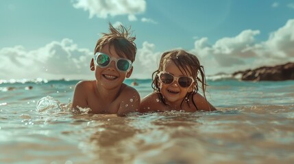 Naklejka premium Beach bliss for kids: cheerful girl and boy splash in waves.