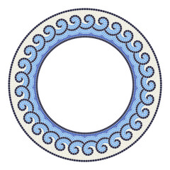 Round mosaic frame with sea waves, circle in portuguese style with decorative wavy curls, greek ornament, vector