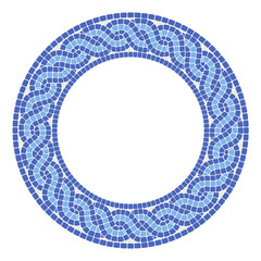 Round frame with interlacing mosaic braid, circle pattern with interweaving tile lines, mosaic pigtails, vector