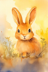 Bunny watercolor background. Cute adorable bunny card