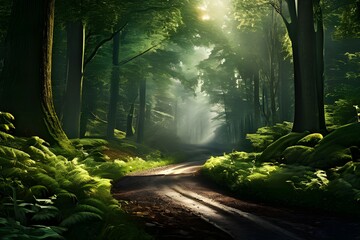 Obraz premium a tranquil forest scene with a curving road bathed in dappled sunlight filtering through dense green foliage.