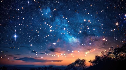 Naklejka premium A magical night sky with a bright full moon and countless stars, casting a serene glow on the landscape below