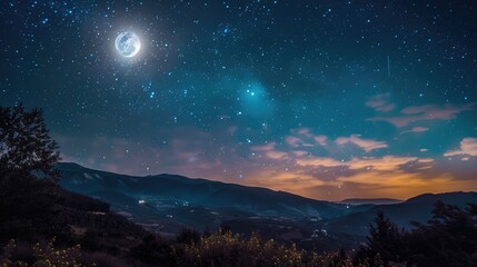 Naklejka premium A magical night sky with a bright full moon and countless stars, casting a serene glow on the landscape below