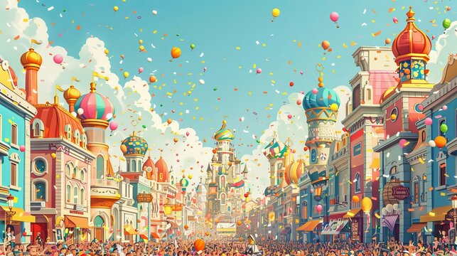 A vibrant New Year parade with floats, costumed performers, and a large audience enjoying the festivities cartoon Vector Illustration Generative AI