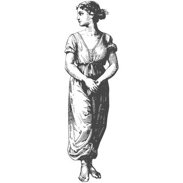 Engraved Classical Woman: Elegant Tunic, Profile View, Fine Detail Art.