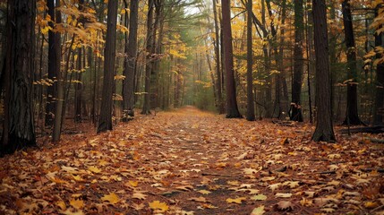 A peaceful forest trail with fallen leaves in shades of brown and gold, leading through tall trees