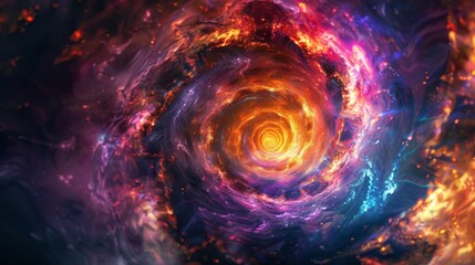 A swirling vortex of neon colors and glowing geometric shapes, background