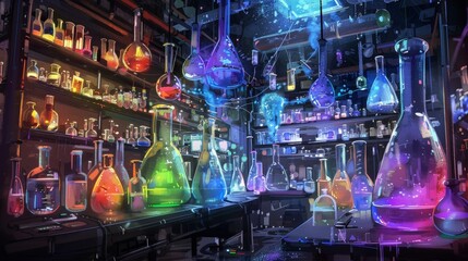 A science lab filled with science beakers in all shapes and sizes.