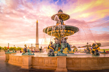 Fountain on Concorde Square and Luxor Obelisk, Paris France