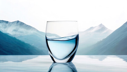 A pristine glass of water is set against a serene mountainous landscape, symbolizing purity and refreshment with the reflection on the water surface.