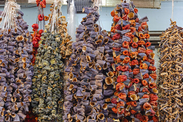 Hanging Strings of Dried Eggplant Aubergine Vegetables Preserved for Winter