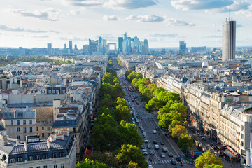 panoramic skyline of Paris towards La Defense district from above, France