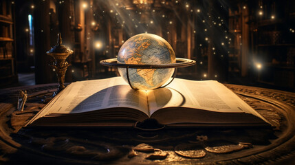 an old book sitting open on a table in a old library, the book is glowing, Earth fologram on the book