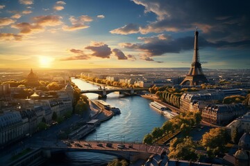 Fototapeta premium Aerial view of Paris Overlooking the Eiffel Tower and the meandering Seine River.