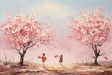 
Children's watercolor pictures Have fun running around under the big tree that was full of pink flowers of spring