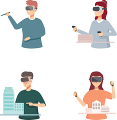 Illustrations of people wearing vr headsets, engaged in art, gaming, and architecture