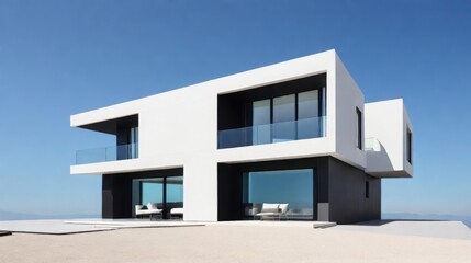 Contemporary Minimalist White House Design Against a Clear Blue Sky with Expansive Windows