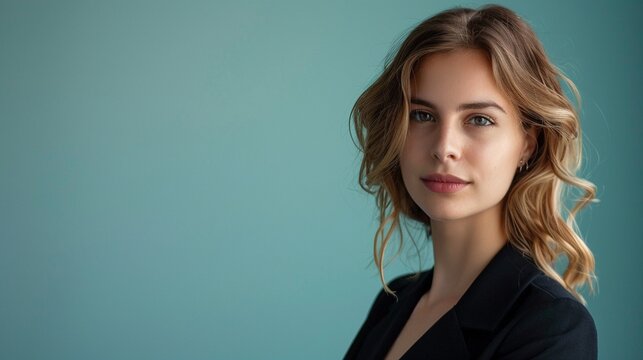 Bold close-up of a successful businesswoman, her face illuminated against a vibrant light blue backdrop with a minimalist left side