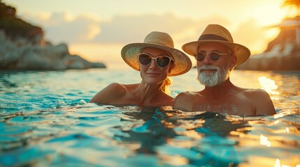 Elderly couple enjoys romantic poolside relaxation.

pen_spark
