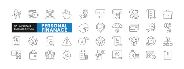 Set of 36 Personal Finance line icons set. Personal Finance outline icons with editable stroke collection. Includes Investment, Savings, Budgeting, Tax, Debt, and More.