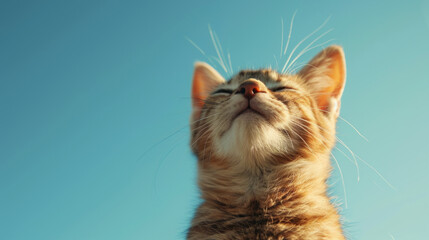 Cute tabby kitten on blue sky background.