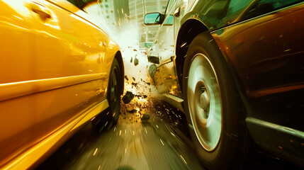 A car crash with a red car and a silver car. The scene is chaotic and intense