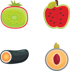 Vector illustration featuring crosssections of kiwi, watermelon, eggplant, and peach
