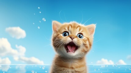 Fototapeta premium Cute tabby kitten on blue sky background.