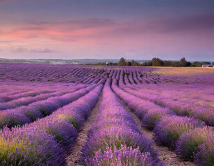 Lavender flowers field at sunset in Isparta, Burdur, Turkiye