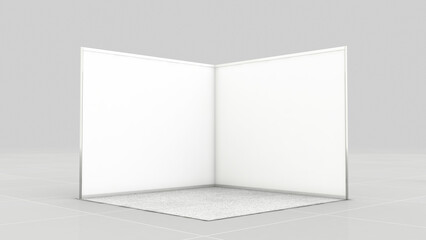 White Blank exhibition booth stand stall for mockup, Two side open indoor and outdoor purpose booth. Blank Exhibition Trade Show Booth. 3d rendering.