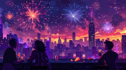 A group of friends celebrating New Year Day at a rooftop party with a city skyline and fireworks in the background cartoon Vector Illustration Generative AI