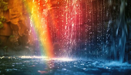 Colorful rainbow blending into cascading waterfall, creating a magical effect with refracted light and mist over a serene pond.