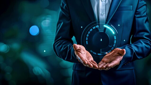 Businessman holding glowing zero percent or 0 percent. Discounts Interest rates, installments, promotions, marketing and tax payment concept