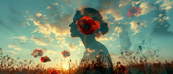 Silhouette of woman with a poppy flower, surreal art.