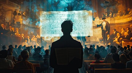 Silhouetted figure reading a book in front of a large historical painting projected on a screen, with an audience observing attentively.