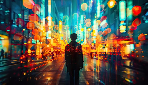 Silhouette of a person standing amidst vibrant city lights, creating a surreal and colorful nightscape atmosphere in an urban setting.