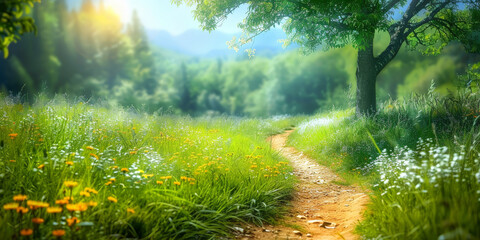Scenic path winding through lush green hills with vibrant wildflowers under a stunning sunset sky
