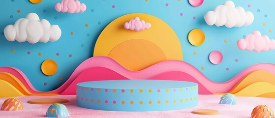 Fototapeta premium Vibrant 3D illustration of a colorful abstract landscape with clouds, sun, and waves, creating a playful and whimsical scene.