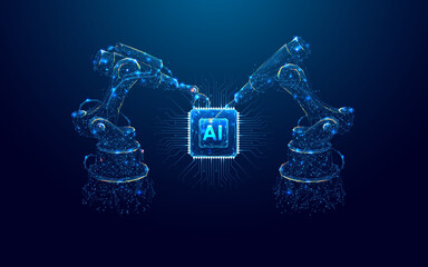 Industrial robotic arms create AI a chip or a semiconductor on a dark blue background. Robot and AI chip. Abstract technology bg. Artificial Intelligence concept. Low poly digital vector illustration