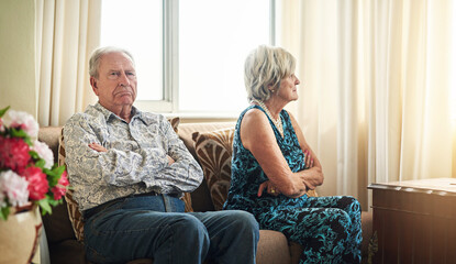 Retirement, marriage and senior couple in home with fight, conflict and communication challenge....
