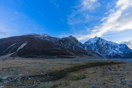 Beautiful cloudy blue sky landscape of Transhimalaya. A stunning mountainscape of Humla, Nepal